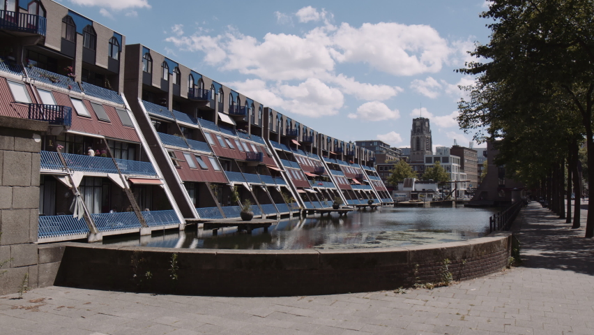 Slowmotion dolly of waterfront apartments in the beautiful city of Rotterdam