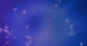 Animation of snow falling over santa claus in sleigh with reindeer on blue background. Christmas, tradition and celebration concept digitally generated video.