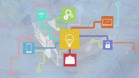 Animation of data processing and media icons over moving house model. Global business and digital interface concept digitally generated video. - Powered by Shutterstock - Get 15% off with code: PIKWIZARD15