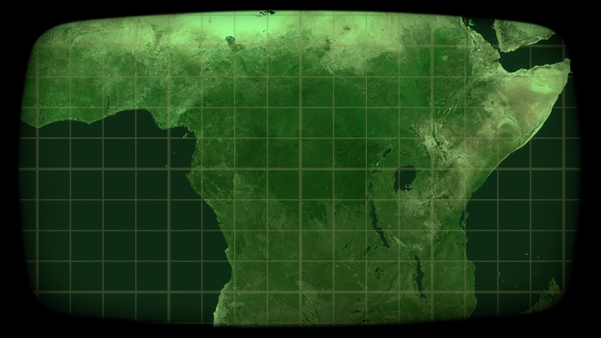 Viewing on a CRT monitor (green phosphors): satellite capture of Africa. Zooming out. Surveillance, spy story, global communications.
 | Shutterstock HD Video #1097186613