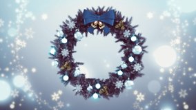 Christmas Wreath and Snowflake Background Loop. 3D rendering. Christmas wreath floating against a light glow background with space for titles, text or logos in a seamless loop. - Powered by Shutterstock - Get 15% off with code: PIKWIZARD15