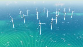 Windmill park in the ocean, drone aerial view of windmill turbines generating green energy electric. Ocean Wind Farm video. Windmill farm in the ocean. 