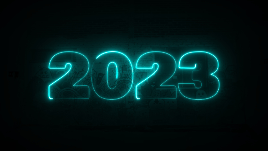 Animated text New Year 2023. New Year 2023 text animation
in HD resolution.  Animation text of new year 2023 design with neon glow and doodles mural background. | Shutterstock HD Video #1097189969