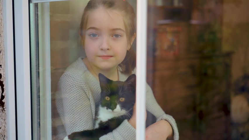 Sun through window. Happy little girl enjoy morning sunlight looking in window with her pet cat. Happy carefree childhood concept | Shutterstock HD Video #1097192519