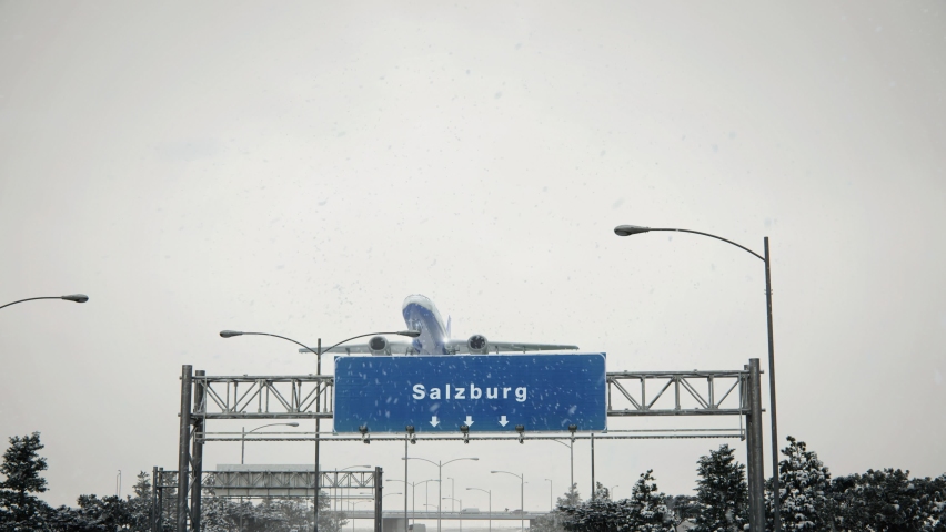 Airplane Takeoff Salzburg in Christmas. 3D Illustration