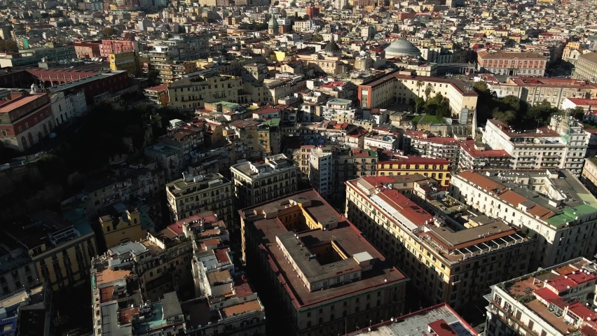 Panoramic drone view of the entire city of Naples in southern Italy. Flight over historical landmarks in Naples, Italy.