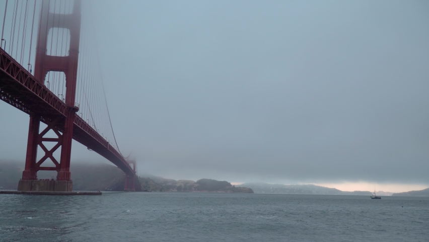 The Golden Gate Bridge in downtown San Fransisco covered in fog