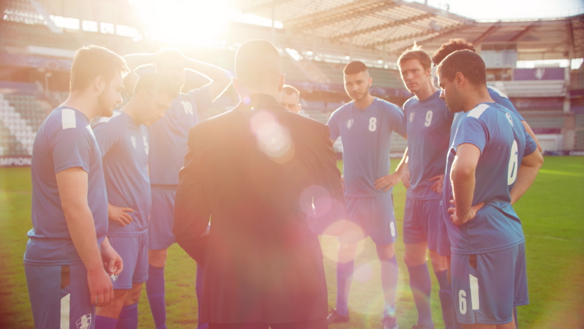 Professional Football Team Manager Training, Tactical Coaching: Soccer Coach Explains Game Strategy, Workout Plan for Players. Trainer Motivates Athletes, Leads to Victory, Preparing For Championship Royalty-Free Stock Footage #1097200523