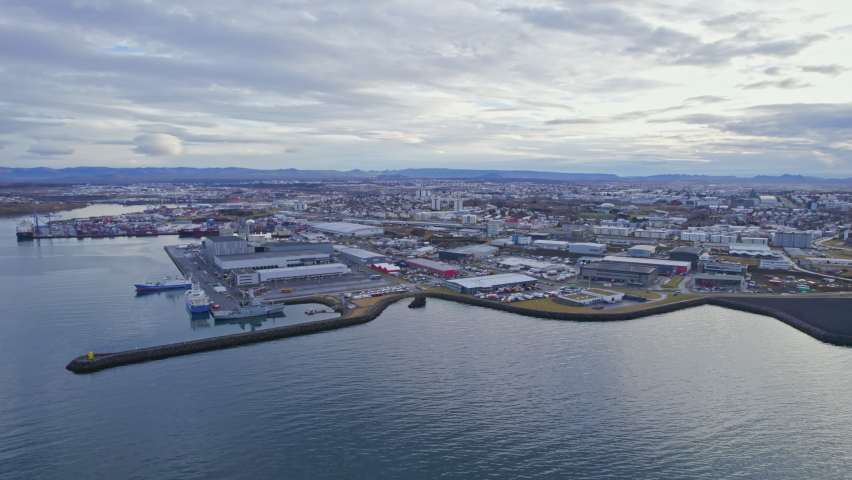 Reykjavik Iceland Establishing Shot. HD Aerial Drone Footage.