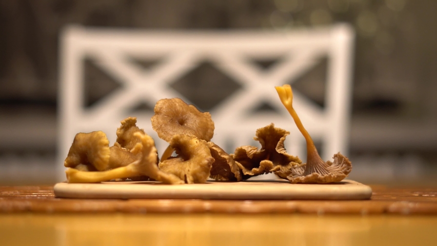 Putting down a funnel chanterelle mushroom on a table. | Shutterstock HD Video #1097201199