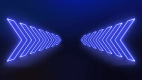 Neon glowing arrows, seamless, looped, cycled animation. Blue, yellow arrows shows direction to the center of the glowing 3d gradient background. High quality 4k footage