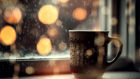 Mug with steaming tea, coffee or cocoa on the windowsill. Christmas weather outside. Moving couple, bokeh, snow - Powered by Shutterstock - Get 15% off with code: PIKWIZARD15