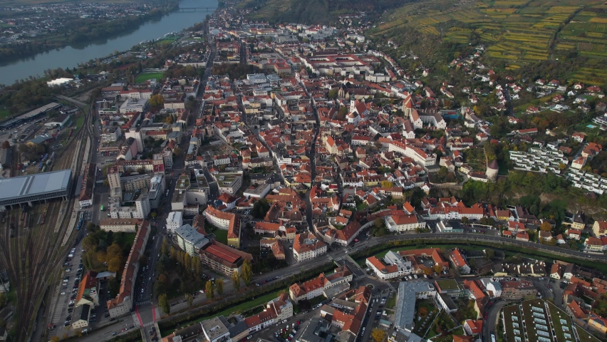 Aerial wide view around the city Krems an der Donau in Austria on a sunny autumn morning day
