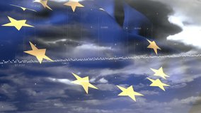 Animation of financial data processing over and flag of eu over sky with clouds. Global business, finances and digital interface concept digitally generated video. - Powered by Shutterstock - Get 15% off with code: PIKWIZARD15