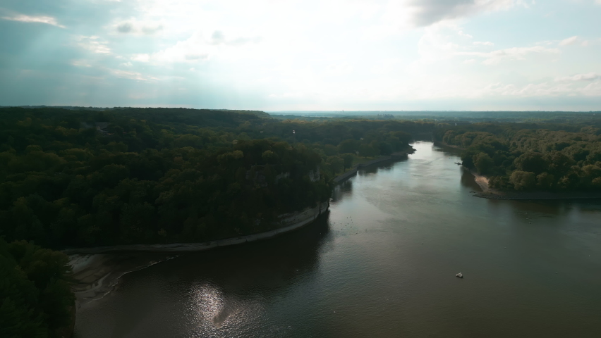 Aerial wide drone shot of Starved Rock State Park and illinois river