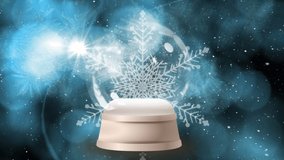 Animation of snow falling over snow globe with christmas tree and light spots on black background. Christmas, tradition and celebration concept digitally generated video.