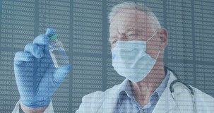 Animation of data processing over caucasian male doctor with vial. Global medicine and digital interface concept digitally generated video.