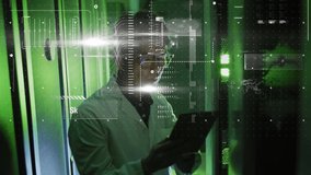 Animation of hud interface over asian man using digital tablet in server room. Digital composite, multiple exposure, report, finance, global, technology and network server concept. - Powered by Shutterstock - Get 15% off with code: PIKWIZARD15