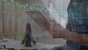 Animation of graphs, binary codes, computer language, midsection of caucasian man using tablet. Digital composite, multiple exposure, coding, report, office, machine learning and technology concept. - Powered by Shutterstock - Get 15% off with code: PIKWIZARD15
