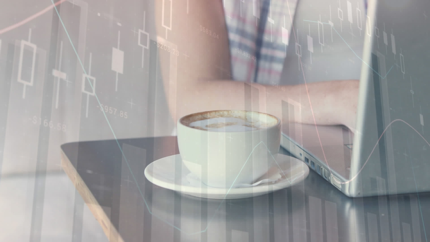 Animation of multiple graphs over beautiful caucasian woman working on laptop with coffee on table. Digital composite, multiple exposure, drink, beverages, report, finance and technology concept. | Shutterstock HD Video #1097218123