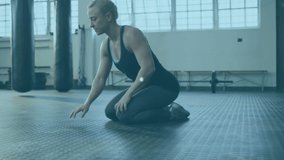 Animation of icons connected with lines over caucasian woman practicing plank exercise at gym. Digital composite, multiple exposure, fitness, active lifestyle, communication, padlock and shopping. - Powered by Shutterstock - Get 15% off with code: PIKWIZARD15