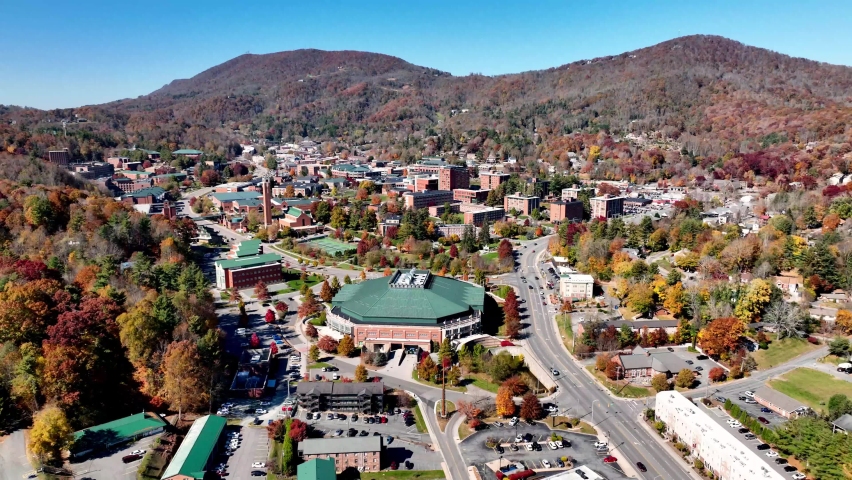 aerial wide shot of appalachian state university in fall in boone nc, north carolina Royalty-Free Stock Footage #1097221275
