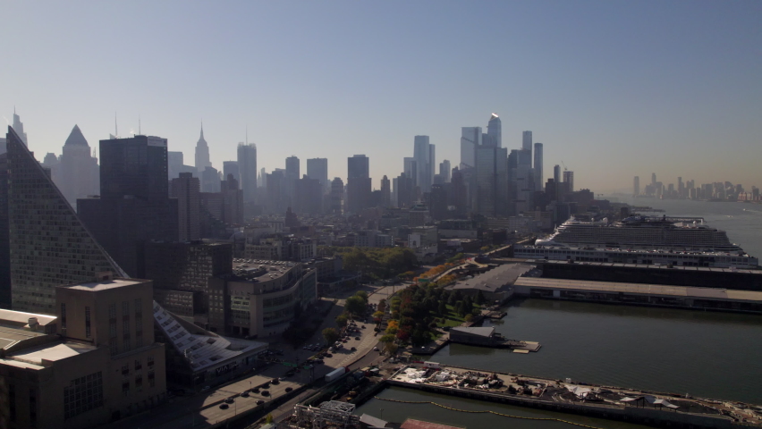 Cinematic Aerial Shot Of Midtown NYC Skyline From Hudson River Piers. Dolly, Establishing Shot Royalty-Free Stock Footage #1097221647