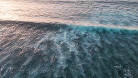 Aerial view of a surfer catching a wave at sunset. Playa de Las Americas, Tenerife. High quality video