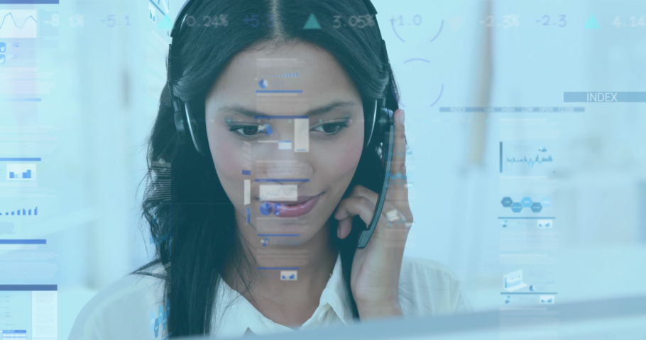 Animation of data processing over biracial businesswoman using phone headset. Global business and digital interface concept digitally generated video. | Shutterstock HD Video #1097222245