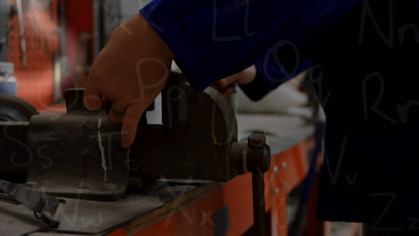 Animation of mathematical equations over caucasian male mechanic in workshop. Global business and digital interface concept digitally generated video. - Powered by Shutterstock - Get 15% off with code: PIKWIZARD15