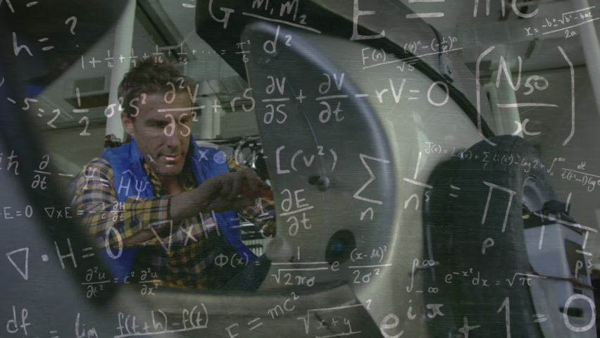 Animation of mathematical equations over caucasian male mechanic in workshop. Global business and digital interface concept digitally generated video. - Powered by Shutterstock - Get 15% off with code: PIKWIZARD15