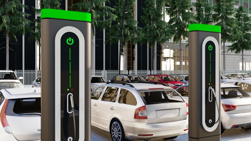 Electric car is changing on street parking, Modern electric car charging at station dock point near parking lot, Charging Station in outdoor parking area, electric car charging ( 3D Rendering ) Royalty-Free Stock Footage #1097223419
