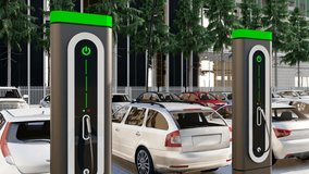 Electric car is changing on street parking, Modern electric car charging at station dock point near parking lot, Charging Station in outdoor parking area, electric car charging ( 3D Rendering ) - Powered by Shutterstock - Get 15% off with code: PIKWIZARD15