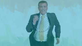 Animation of dollar symbols over caucasian businessman running. Global business and digital interface concept digitally generated video.