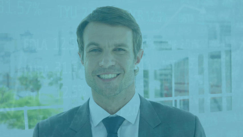 Animation of data processing over caucasian businessman smiling. Global business and digital interface concept digitally generated video. | Shutterstock HD Video #1097223873