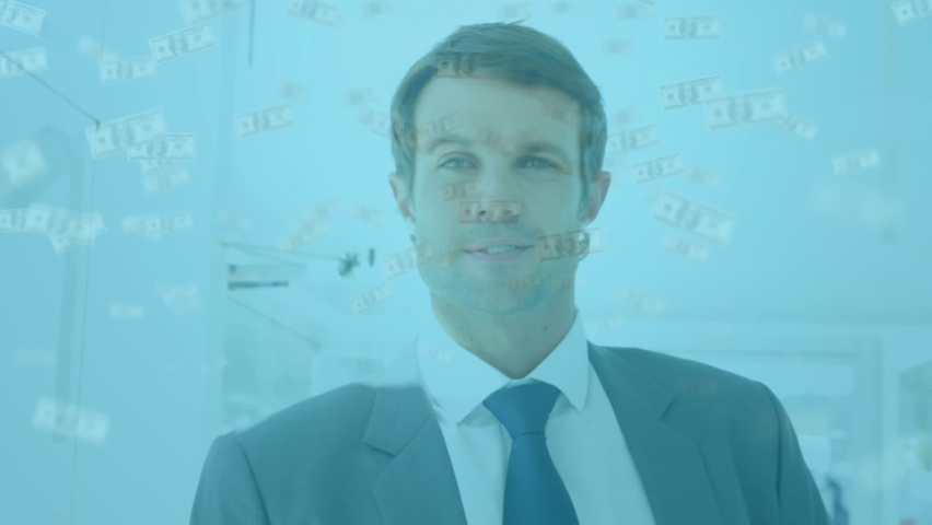 Animation of banknotes and confetti over caucasian businessman smiling. Global business and digital interface concept digitally generated video. | Shutterstock HD Video #1097224009