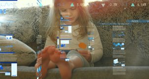 Animation of data processing over caucasian girl using smartphone. Global business and digital interface concept digitally generated video.