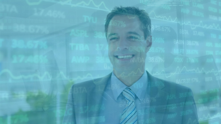 Animation of stock market data processing over portrait of caucasian businessman smiling. Global economy and business technology concept | Shutterstock HD Video #1097225719