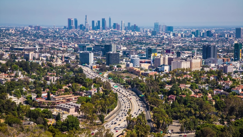 LOS ANGELES, HOLLYWOOD, USA – MAY 29, 2020: Uhd 4k Timelapse of Panoramic view of Los Angeles, California, USA