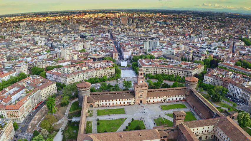 Traveling popular place large historic fort Castello Sforzesco with park complex in Italy city Milan medieval palace luxurious residence famous italian building for tourist national heritage of Europe Royalty-Free Stock Footage #1097242165