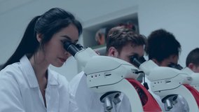 Animation of world cancer day over happy asian lab worker using microscope. Health, medicine and cancer awareness concept digitally generated video. - Powered by Shutterstock - Get 15% off with code: PIKWIZARD15