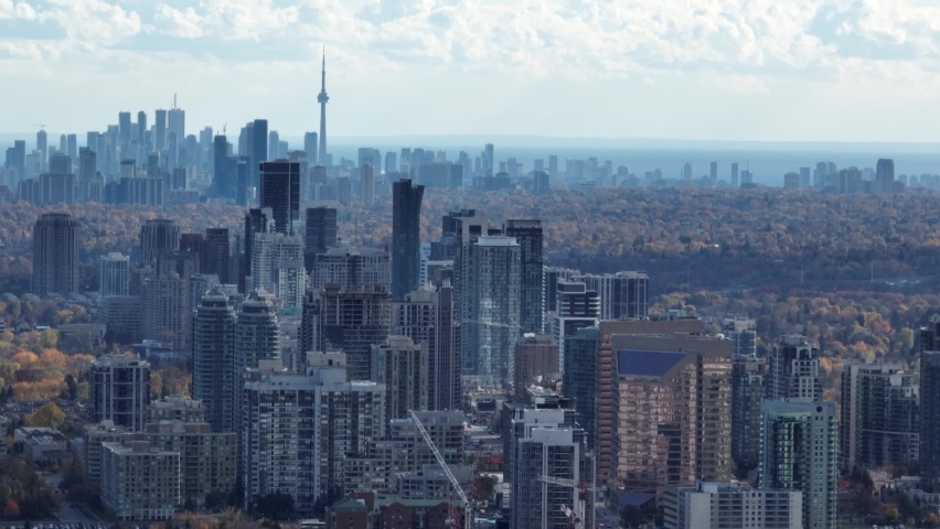 Aerial cinematic North York looking downtown Toronto