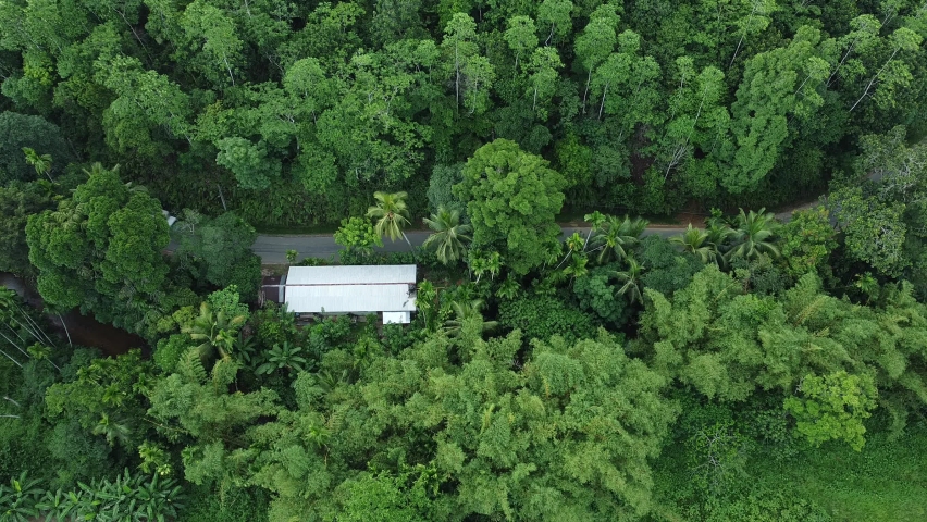 Country roads through forest and a house. passing vehicles top view. 