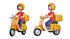 courier riding a yellow motorcycle with a happy gesture. 3d animation