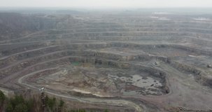 Air view of an amber quarry. Panoramic view of the extraction of amber in the quarry. Open pit mine. Aerial video with drone. High quality 4k footage