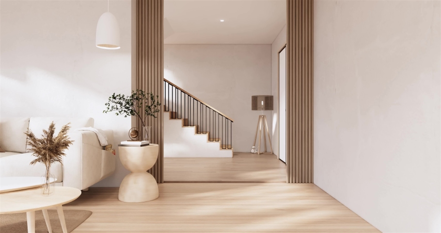 Minimalist wabi sabi interior mock up design, room muji sytle. 3D rendering.