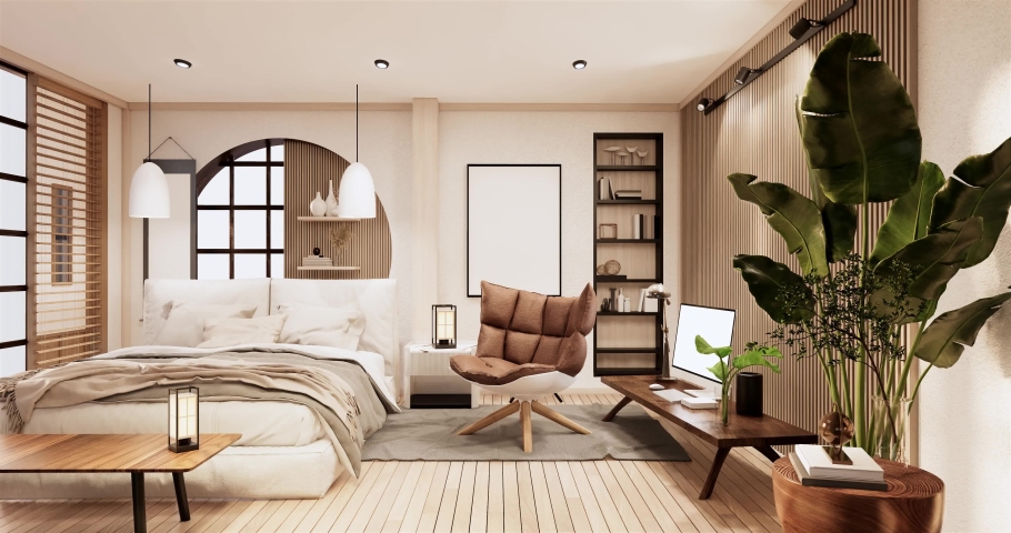 Minimalist wabi sabi interior mock up design, room muji sytle. 3D rendering.