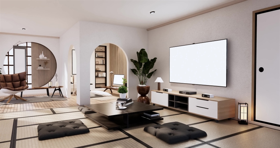 Minimalist wabi sabi interior mock up design, room muji sytle. 3D rendering.