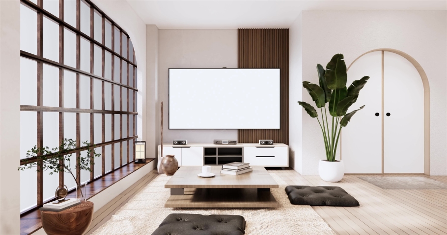 Minimalist wabi sabi interior mock up design, room muji sytle. 3D rendering.
