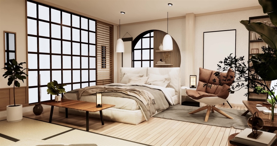 Minimalist wabi sabi interior mock up design, room muji sytle. 3D rendering. Royalty-Free Stock Footage #1097255613